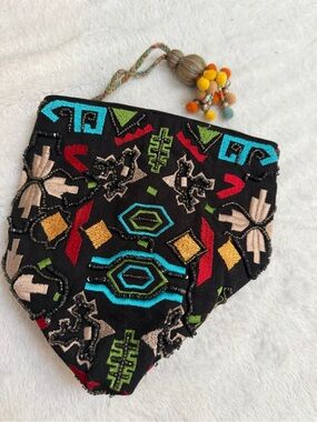 Zara Accessories Embroidered Beaded Wristlet Clutch Boho Pom Pom Bag